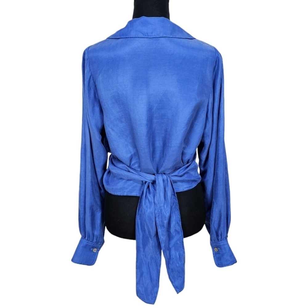 R.G. Kane Linen Blend V-Neck Wrap Front Blouse Balloon Sleeve Blue Size Large - Picture 7 of 13